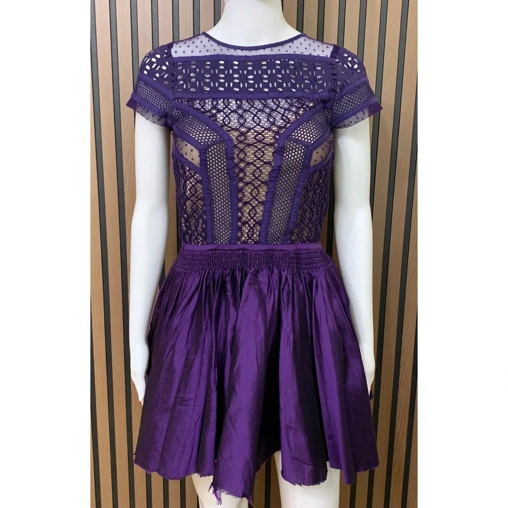 Free People FP One Purple Mixed Lace Mesh Mini Dress Smocked Waist Boho Size 2